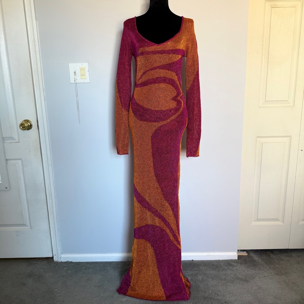 Fashion Nova Long Sleeve Shimmer Bodycon Dress in Pink and Orange Gold - Picture 3 of 10